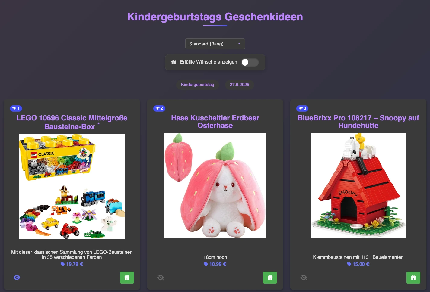 Beispiel Kindergeburtstags-Wunschliste